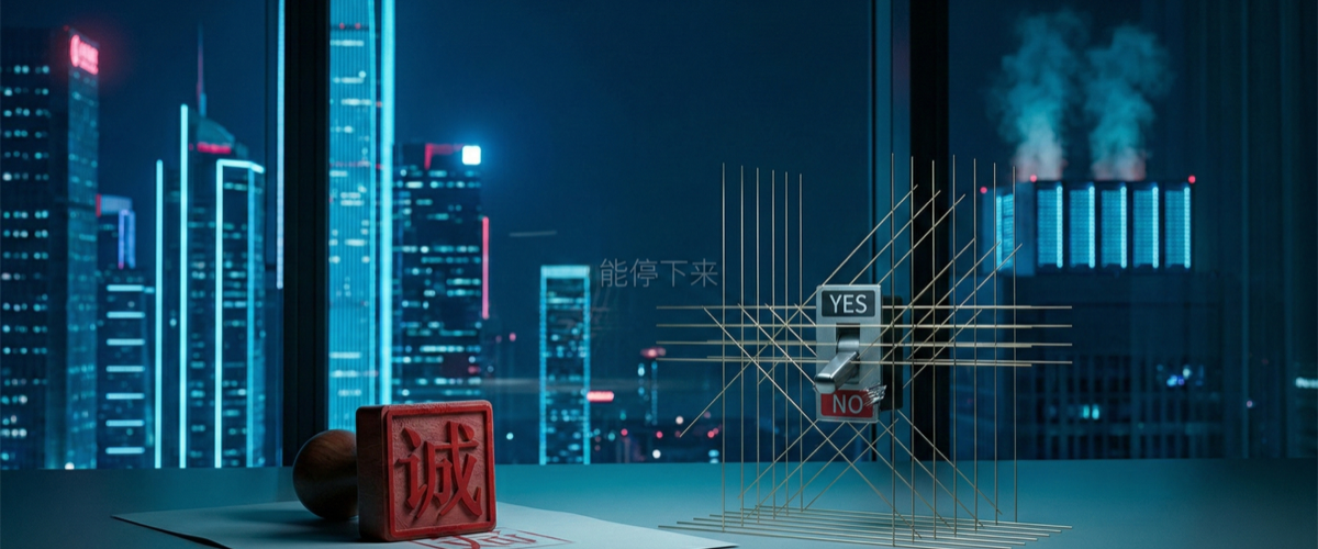 Shenzhen skyline at night with “诚” stamp and YES/NO switch (NO pried off), quiet refusal.