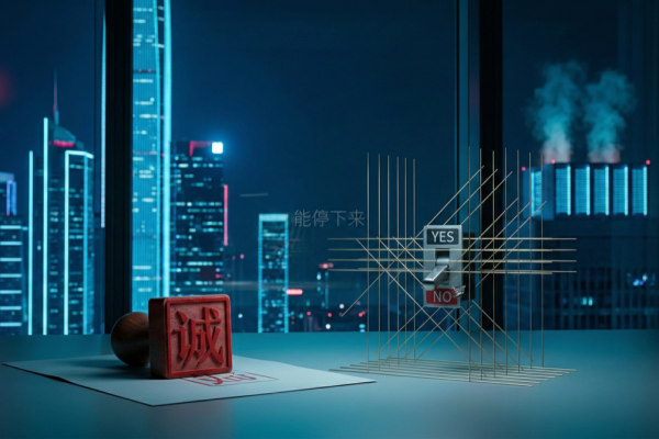 Shenzhen skyline at night with “诚” stamp and YES/NO switch (NO pried off), quiet refusal.