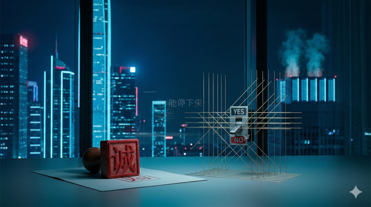 Shenzhen skyline at night with “诚” stamp and YES/NO switch (NO pried off), quiet refusal.