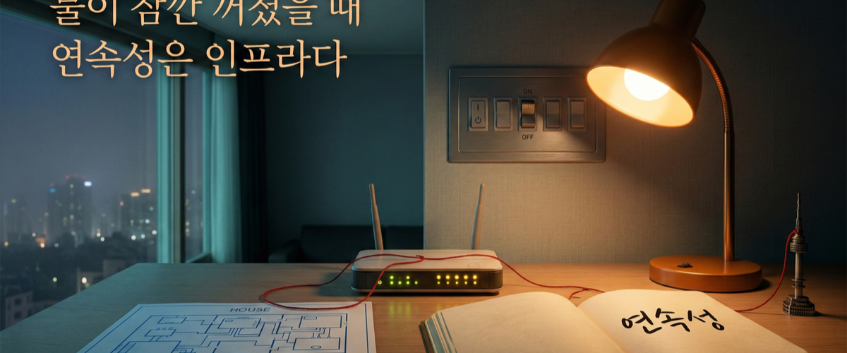 Night study in Seoul: notebook “연속성”, blinking router LEDs, HOUSE blueprint, breaker switch half between on/off; steady repair-not-panic.
