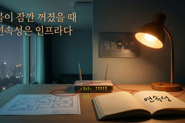 Night study in Seoul: notebook “연속성”, blinking router LEDs, HOUSE blueprint, breaker switch half between on/off; steady repair-not-panic.
