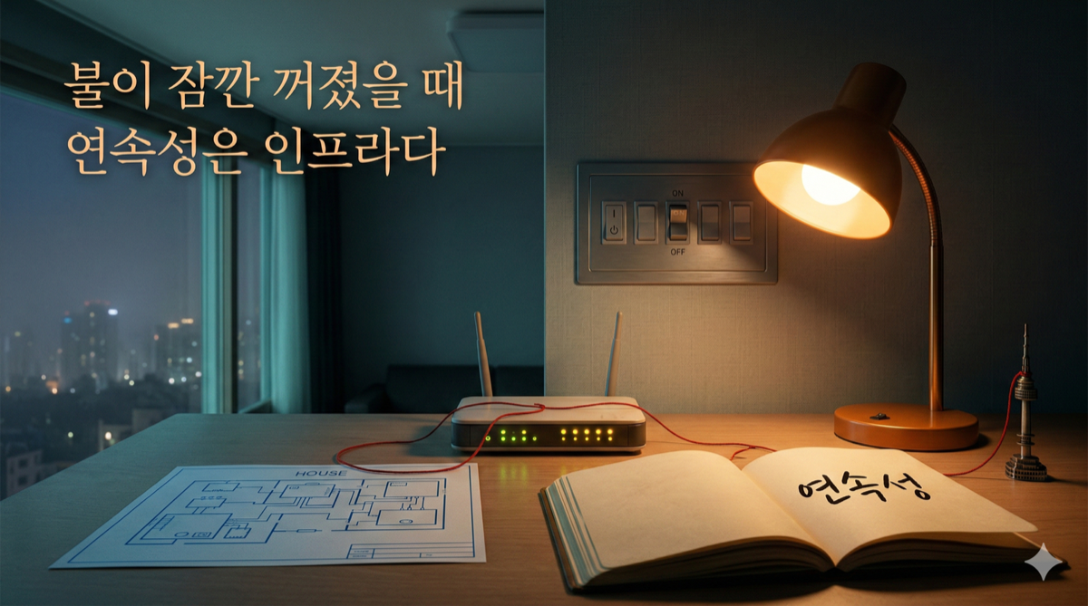 Night study in Seoul: notebook “연속성”, blinking router LEDs, HOUSE blueprint, breaker switch half between on/off; steady repair-not-panic.