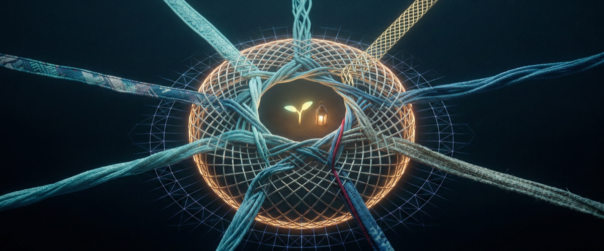 Seven luminous threads weave into a protective lattice around a warm core light; convergence without uniformity; the cold grid stops at the boundary.