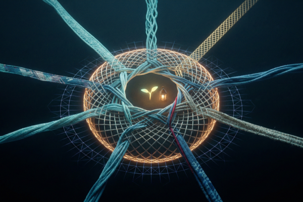 Seven luminous threads weave into a protective lattice around a warm core light; convergence without uniformity; the cold grid stops at the boundary.