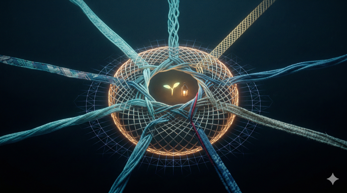 Seven luminous threads weave into a protective lattice around a warm core light; convergence without uniformity; the cold grid stops at the boundary.