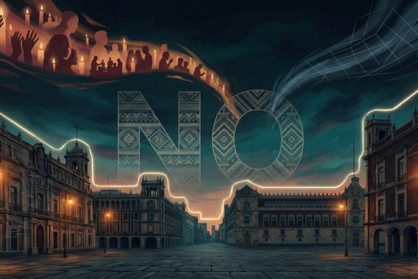 Dakar at night: warm desk lamp, journalist at desk, laptop says “JE REFUSE”, protective shield; tension between targeting grid and community life; refusal as care.