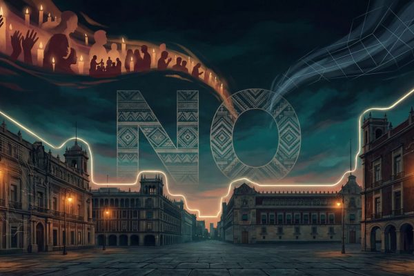 Mexico City at dusk: Zócalo stones, circuit-map overlay, indigenous textile “NO” glyph, candlelit community vs cold grid; luminous guardrail line.