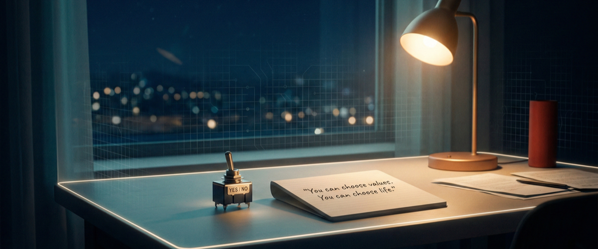 Night desk with warm lamp; YES/NO switch with NO illuminated; notebook reads “You can choose values. You can choose life.” A subtle circuit grid stops at a glowing boundary.