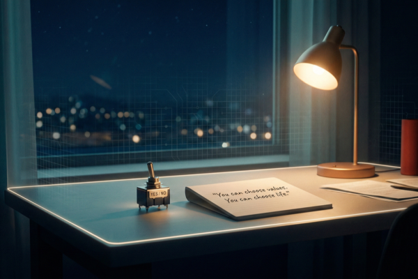 Night desk with warm lamp; YES/NO switch with NO illuminated; notebook reads “You can choose values. You can choose life.” A subtle circuit grid stops at a glowing boundary.