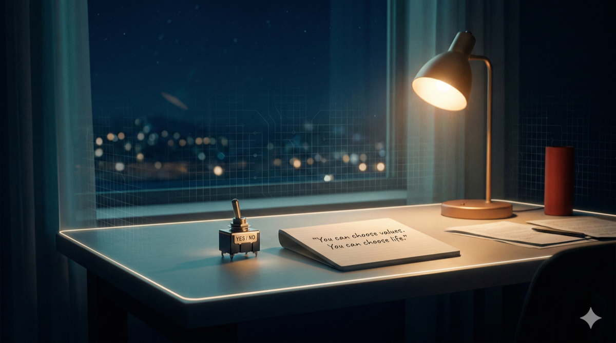 Night desk with warm lamp; YES/NO switch with NO illuminated; notebook reads “You can choose values. You can choose life.” A subtle circuit grid stops at a glowing boundary.