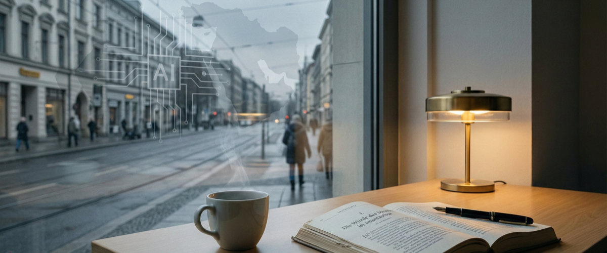 Berlin winter morning: coffee cup, Grundgesetz Article 1 open, warm desk lamp; subtle AI circuit pattern vs Middle East contour reflection; constitutional restraint.