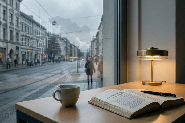 Berlin winter morning: coffee cup, Grundgesetz Article 1 open, warm desk lamp; subtle AI circuit pattern vs Middle East contour reflection; constitutional restraint.