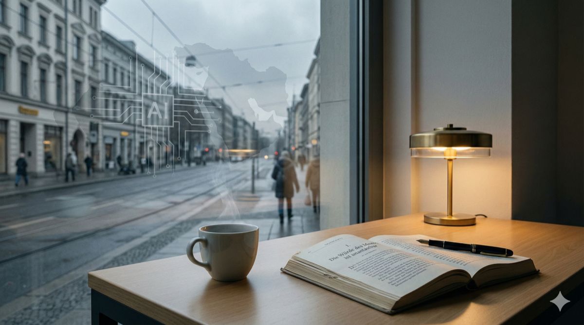 Berlin winter morning: coffee cup, Grundgesetz Article 1 open, warm desk lamp; subtle AI circuit pattern vs Middle East contour reflection; constitutional restraint.