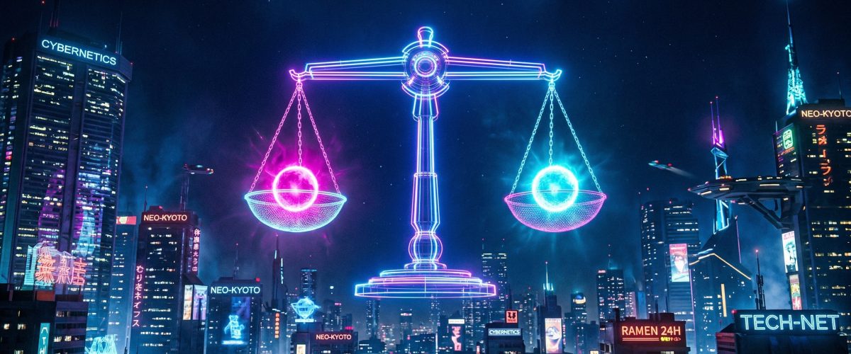 Neon balance scale over cyberpunk cityscape - convenience vs safety