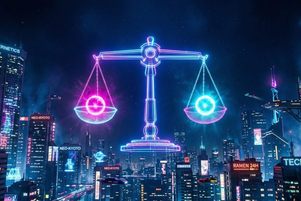 Neon balance scale over cyberpunk cityscape - convenience vs safety