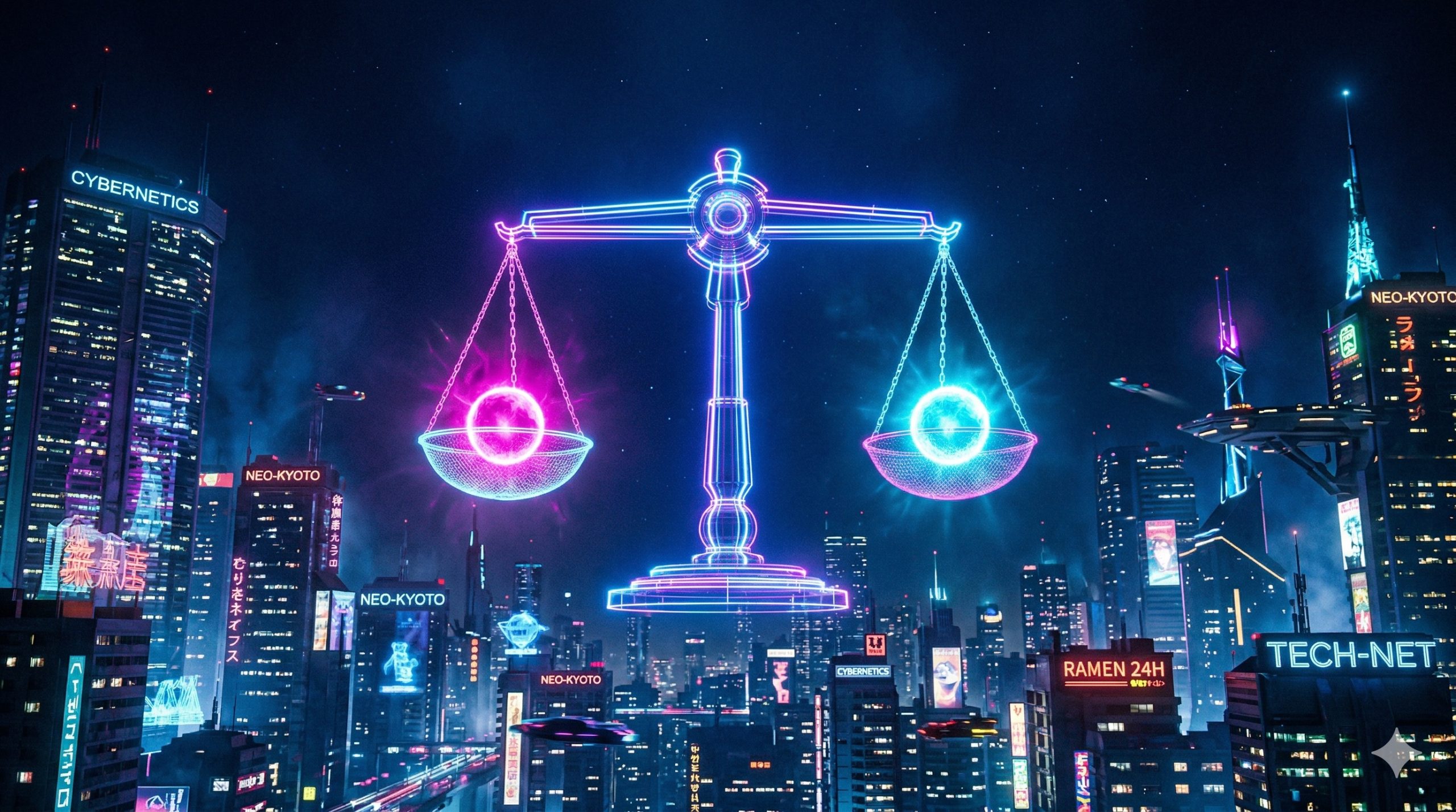 Neon balance scale over cyberpunk cityscape - convenience vs safety