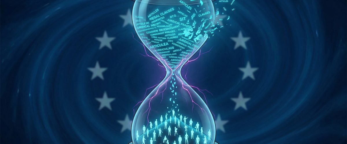 3D hourglass with EU stars and legal text dissolving