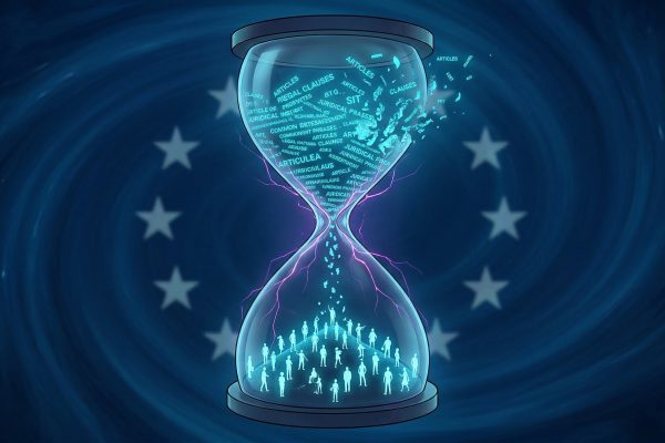 3D hourglass with EU stars and legal text dissolving