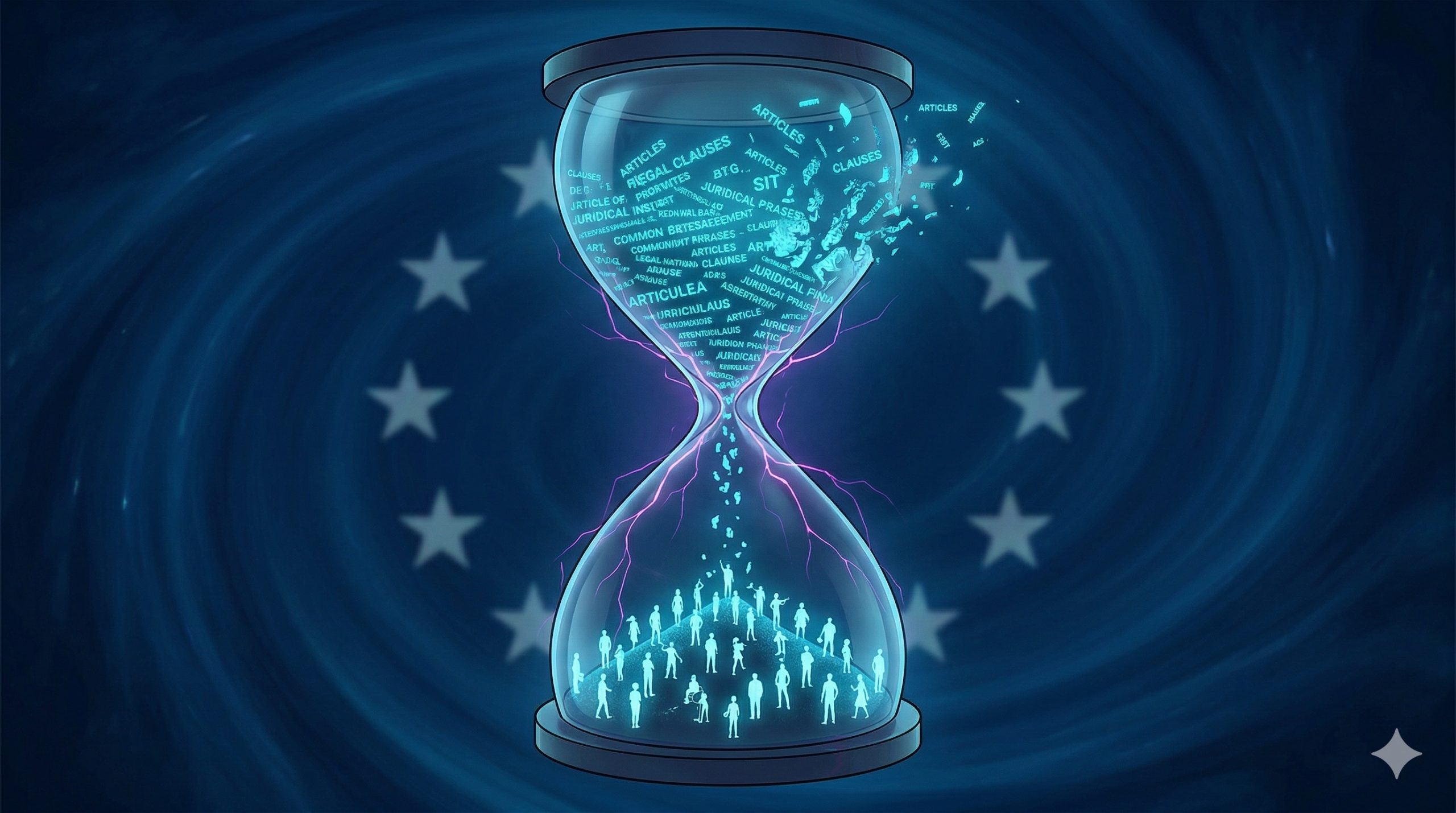 3D hourglass with EU stars and legal text dissolving