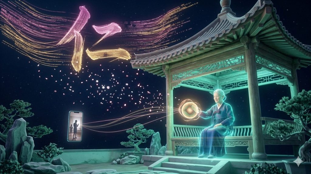 Chinese garden pavilion with AI companion and 仁 character