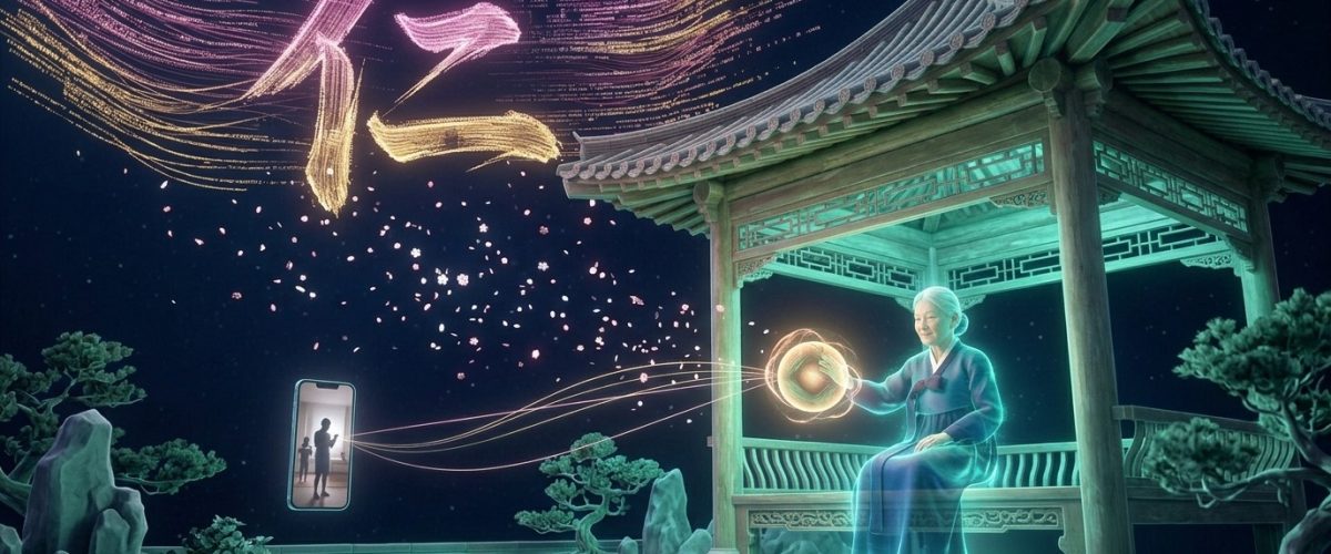 Chinese garden pavilion with AI companion and 仁 character
