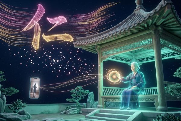 Chinese garden pavilion with AI companion and 仁 character