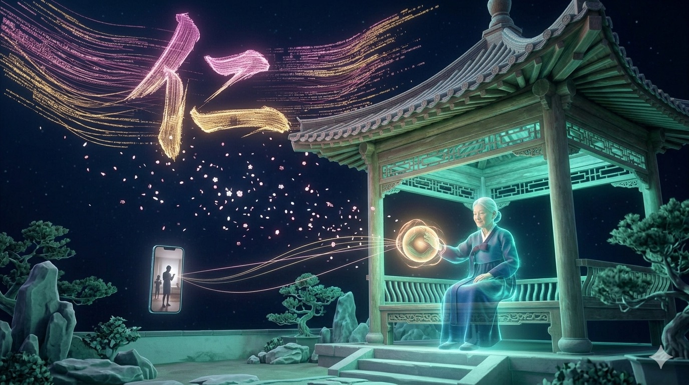 Chinese garden pavilion with AI companion and 仁 character
