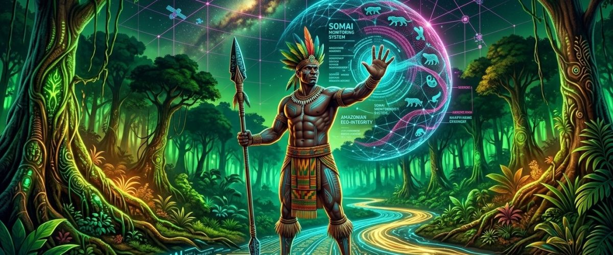 Indigenous guardian with holographic SOMAI shield in Amazon rainforest