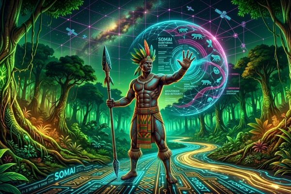 Indigenous guardian with holographic SOMAI shield in Amazon rainforest