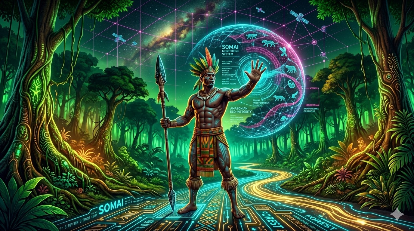 Indigenous guardian with holographic SOMAI shield in Amazon rainforest