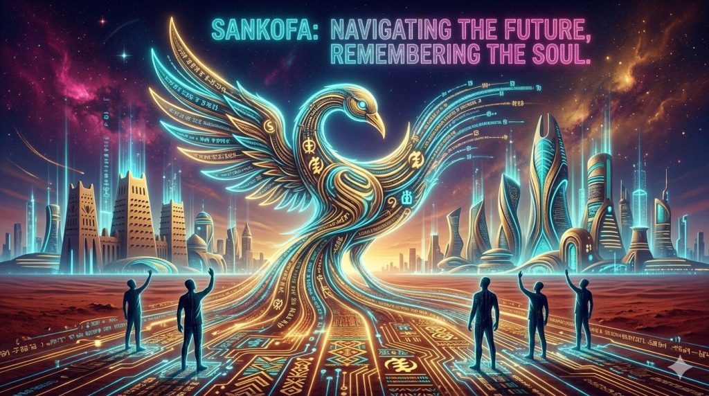 Sankofa bird with futuristic African cityscape