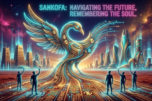Sankofa bird with futuristic African cityscape