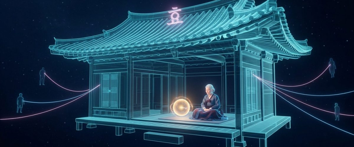 Korean hanok with elderly figure and AI companion