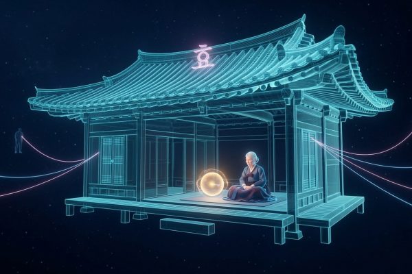 Korean hanok with elderly figure and AI companion