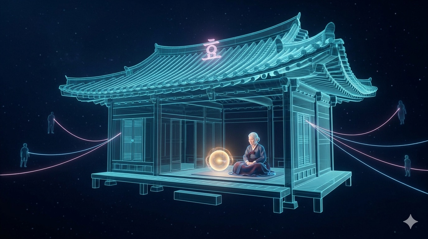 Korean hanok with elderly figure and AI companion