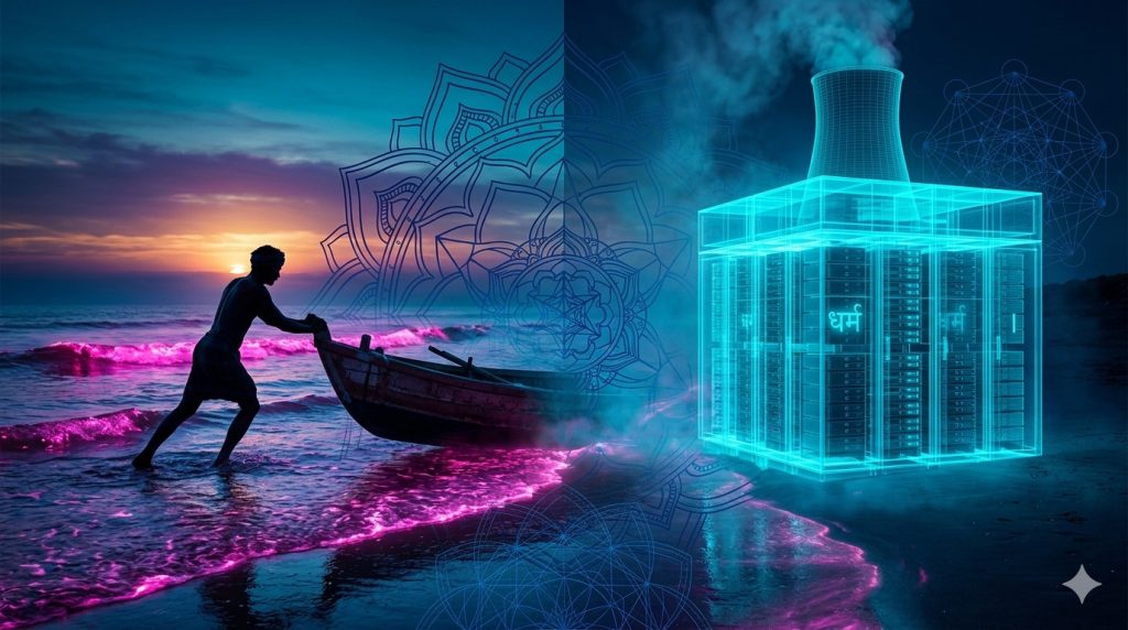 Split-frame: Indian fisherman with wooden boat at left, neon-cyan data center at right.