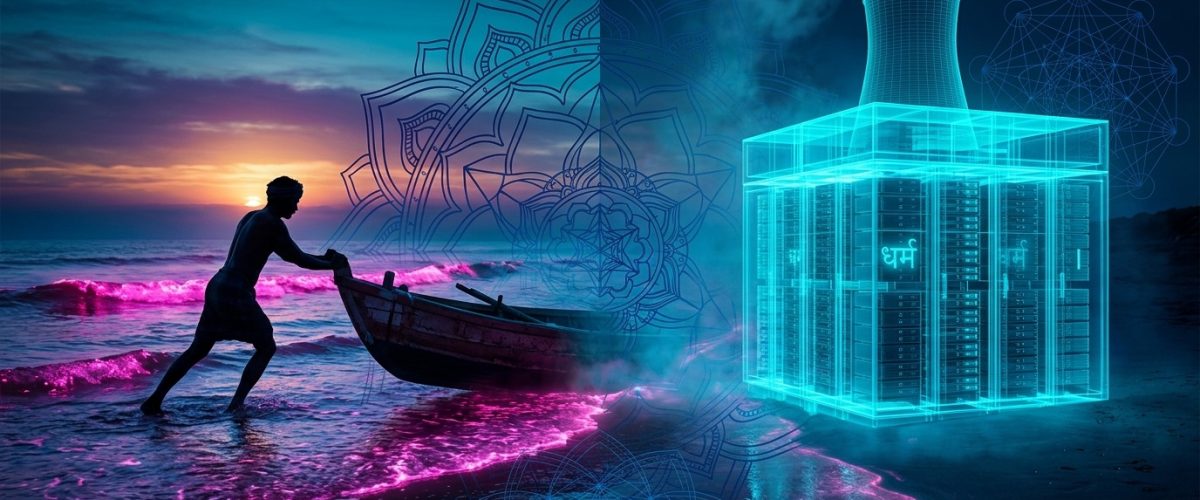 Split-frame: Indian fisherman with wooden boat at left, neon-cyan data center at right.