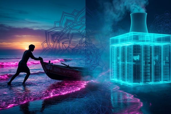 Split-frame: Indian fisherman with wooden boat at left, neon-cyan data center at right.