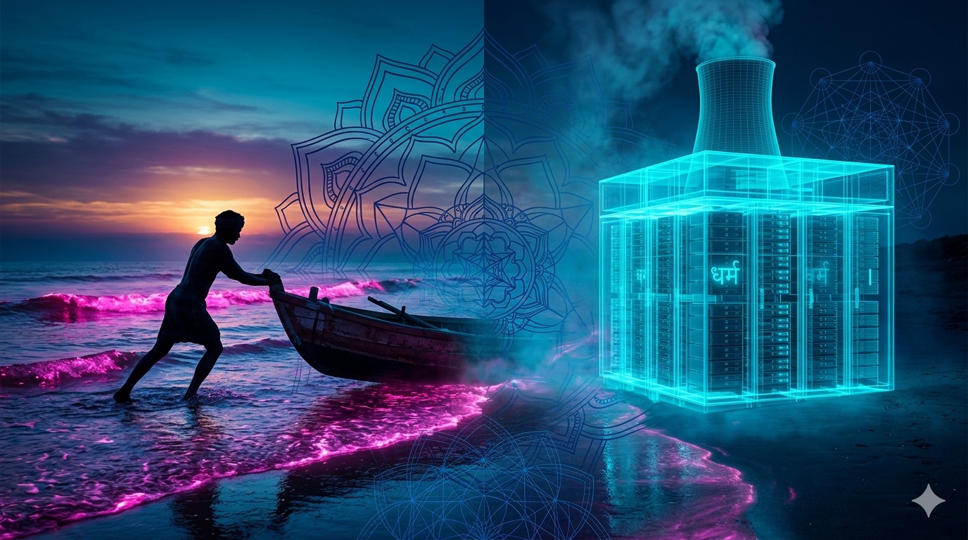 Split-frame: Indian fisherman with wooden boat at left, neon-cyan data center at right.