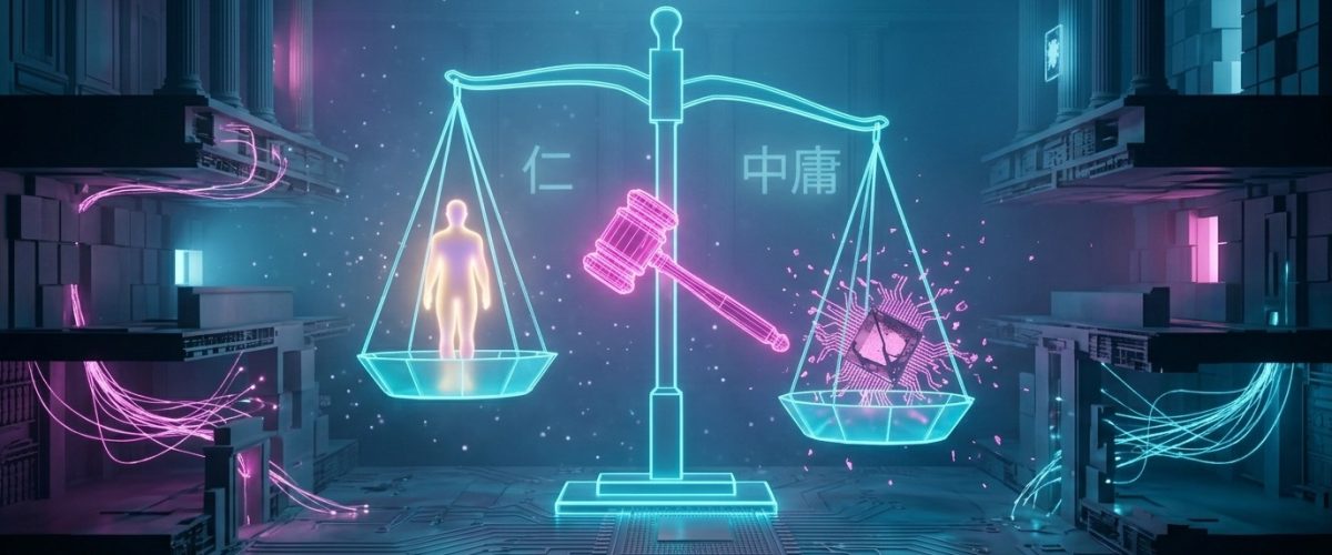 Cyber-courtroom: magenta gavel suspended over neon-cyan scales of justice.