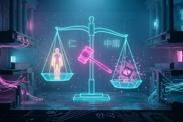 Cyber-courtroom: magenta gavel suspended over neon-cyan scales of justice.