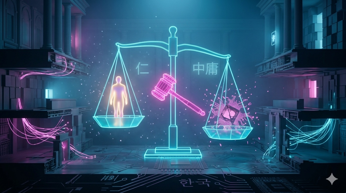 Cyber-courtroom: magenta gavel suspended over neon-cyan scales of justice.