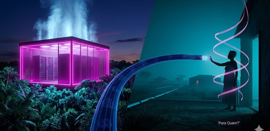 3D rendered split scene of Brazil at twilight: a magenta data center rising from an Amazonian rainforest canopy on the left; a Mae-de-santo silhouette at a terreiro doorway with axe spiraling beside gas pipelines crossing Maranhao drylands on the right; a fiber-optic arc connects the two halves; 'Para Quem?' text overlay.
