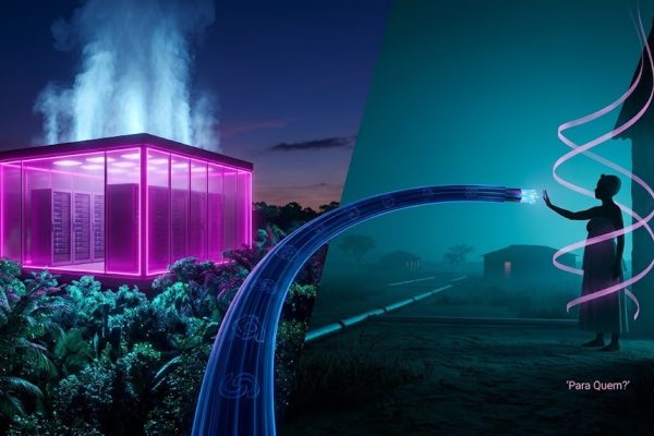 3D rendered split scene of Brazil at twilight: a magenta data center rising from an Amazonian rainforest canopy on the left; a Mae-de-santo silhouette at a terreiro doorway with axe spiraling beside gas pipelines crossing Maranhao drylands on the right; a fiber-optic arc connects the two halves; 'Para Quem?' text overlay.