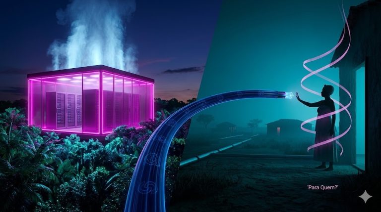 3D rendered split scene of Brazil at twilight: a magenta data center rising from an Amazonian rainforest canopy on the left; a Mae-de-santo silhouette at a terreiro doorway with axe spiraling beside gas pipelines crossing Maranhao drylands on the right; a fiber-optic arc connects the two halves; 'Para Quem?' text overlay.