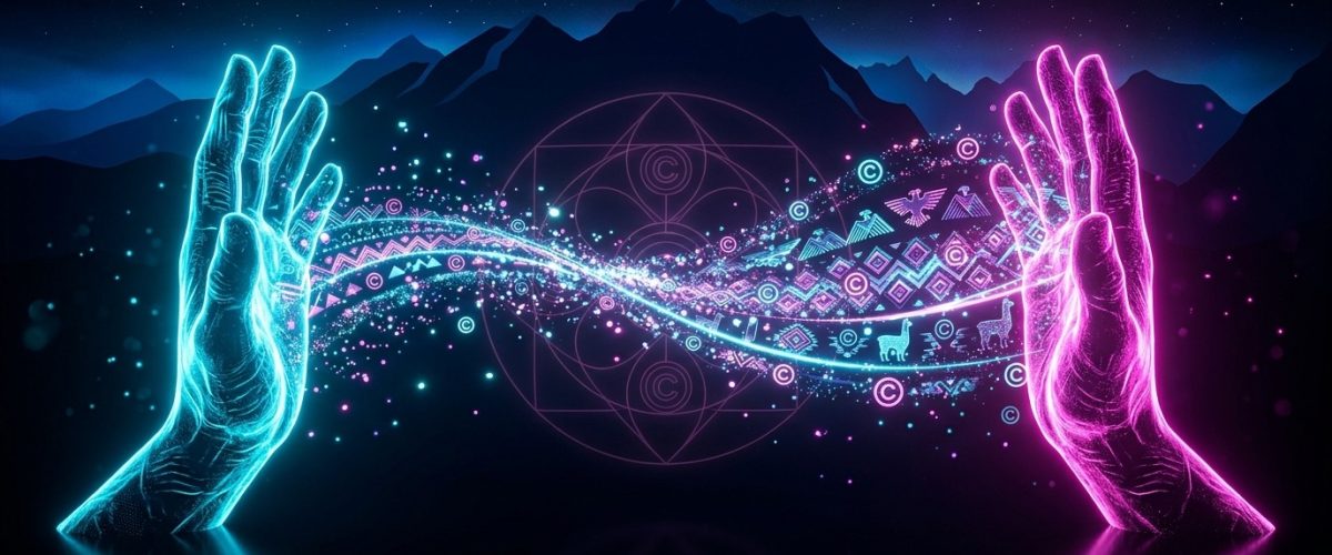 Two glowing hands cyan and magenta facing across an Andean landscape with Ayni glyph.