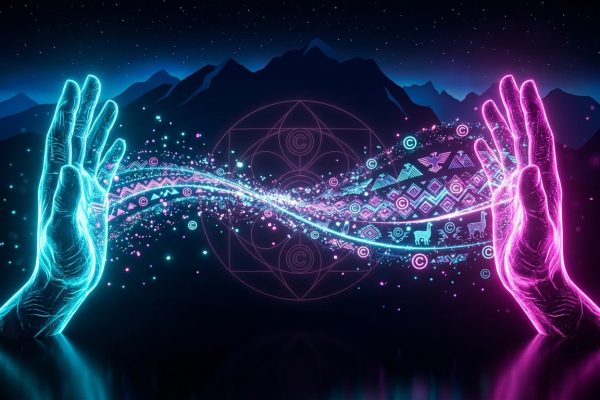 Two glowing hands cyan and magenta facing across an Andean landscape with Ayni glyph.