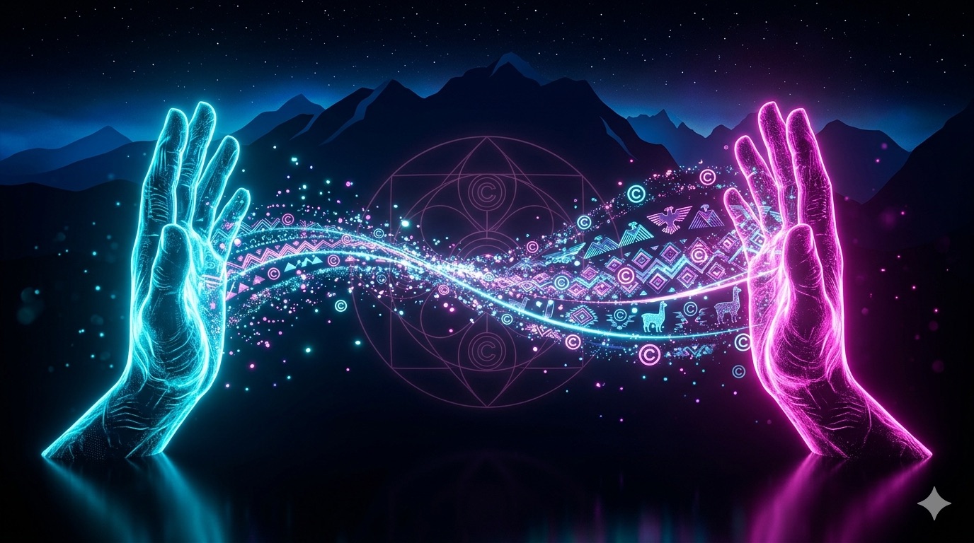 Two glowing hands cyan and magenta facing across an Andean landscape with Ayni glyph.