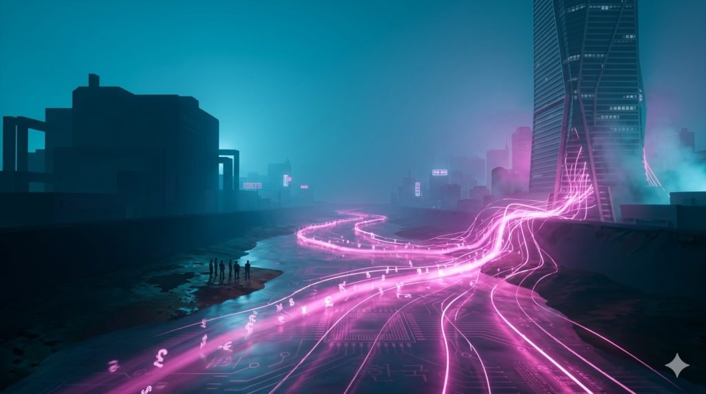 Neon magenta river of currency-light flowing through a Korean industrial landscape.