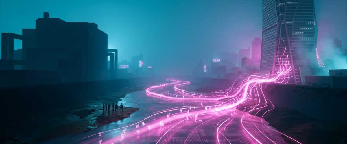 Neon magenta river of currency-light flowing through a Korean industrial landscape.